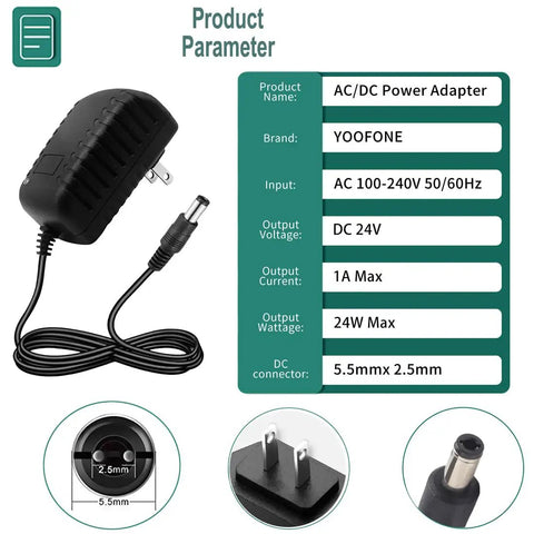 No Fuss 24V 1A Power Supply Adapter 100-240V AC To 24V DC Switching Converter With 5.5x2.5mm plug for LED Lights and CCTV