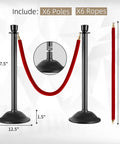 Stanchion Posts With Velvet Ropes Set Of 6 For Crowd Control Barriers No Fuss Setup, red ropes, black stanchions, measured dimensions.