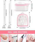 Two Pack Nail Soak Off Bowl Kit For Gel Polish Remover And Dip Powder showing dimensions of bowls, cuticle peeler, pusher tool