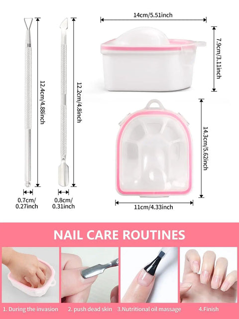 Two Pack Nail Soak Off Bowl Kit For Gel Polish Remover And Dip Powder showing dimensions of bowls, cuticle peeler, pusher tool