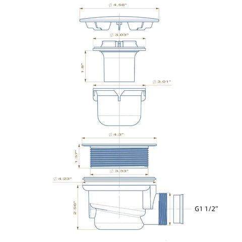 Exploded view of Low Profile 1.5 Inch Shower Drain Trap with Side Outlet Assembly for Replacement Shower Base PVC
