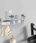 18 Inch Shower Grab Bar With Storage Shelf Brushed Nickel Stainless Steel Handicap Safety Rail with toiletries and towels.