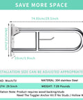 Stainless Steel 29.5 Inch Toilet Safety Rails With Flip Up Grab Bar And Paper Holder, Handicap Bath Handrails For Elderly And Disabled, Shower Aid, Durable 304 Stainless Steel Support shown with dimensions