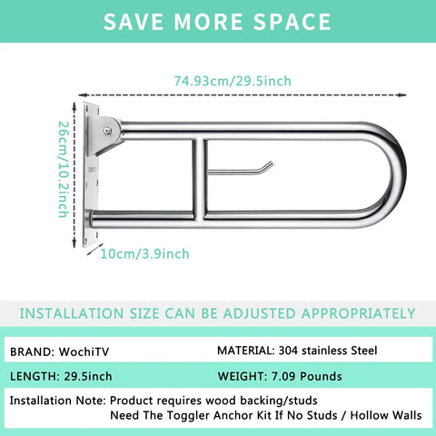Stainless Steel 29.5 Inch Toilet Safety Rails With Flip Up Grab Bar And Paper Holder, Handicap Bath Handrails For Elderly And Disabled, Shower Aid, Durable 304 Stainless Steel Support shown with dimensions