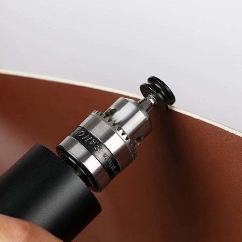 Top Notch 7 Piece Black Ebony Leather Edge Burnisher Set Featuring Slick Electric Polished Heads Dremel Compatible tool in use on leather edge.