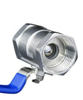 Bulletproof Stainless Steel Ball Valve With Slick Female Threaded Plumbing Connector For Faucets And Water Pipes Heavy Duty Corrosion Resistant Solid Fitting Available In Multiple Inch Sizes showing detailed view with blue handle.