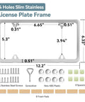 Set Of Two Four Hole License Plate Frames In Slim Stainless Steel With A Polished Mirror Finish And Chrome Screw Caps, Slick And Rustproof Mounting For Cars, Trucks And Trailers displayed with dimensions and mounting accessories.