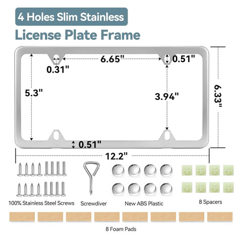 Set Of Two Four Hole License Plate Frames In Slim Stainless Steel With A Polished Mirror Finish And Chrome Screw Caps, Slick And Rustproof Mounting For Cars, Trucks And Trailers displayed with dimensions and mounting accessories.