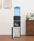 Triple Temperature Water Dispenser With Hot Cold Warm Water Output For Coffee Tea And More Five Gallon Floor Standing Electric Cooler And Heater With Child Lock For Home Office Cafes Black in room setting