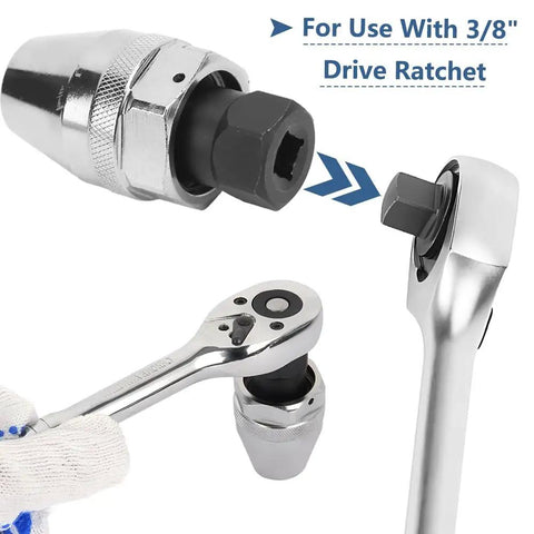 Damaged Bolt And Stud Extractor Tool for Three Eighths Inch Drive Heavy Duty Fits One Quarter To One Half Inch Studs shown with ratchet