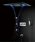 Top Shelf Thermostatic Rainfall Shower Setup With LED Wall Mount Handle And Dual Spray Handheld Copper Core Stainless Steel Ceiling Head For Game Changing Soaks In Glossy Silver Finish with overhead rain head and handheld sprayer.