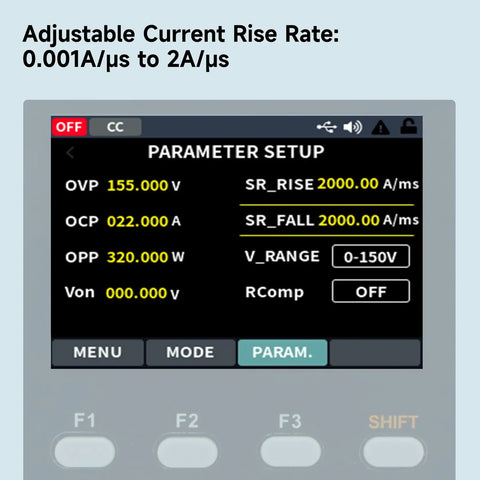 Programmable DC Electronic Load 150V 30A 300W With USB RS232 RS485 For Automation, Four Modes CV CC CP CR Dynamic 5kHz, Dope Lab Bench Power Tester With 2.8 Inch TFT Color Display, Perfect For Prototyping And Testing. Screen shows adjustable current rise rate and parameter setup
