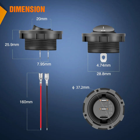 Dimensions of Beefy Five Pack Round Rocker Switches With Wiring Harness SPST 2 Pin Pre Wired Waterproof Toggle Switches