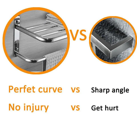 Comparison of 30 Inch Bathroom Shelf 3 Tier Wall Mount Rack With Towel Bars, focus on curved edge vs sharp angle for safety.
