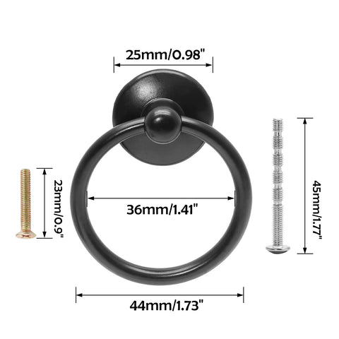 Dimensions of 10 Pcs Black Ring Pull Handles for Cabinets and Dresser Drawers Single Hole One And Three Quarter Inch Zinc Alloy Knobs