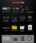 Package contents showing dash cam, rear camera, cables, mounts, stickers, and accessories for 4 Channel 360 Degree Dash Cam