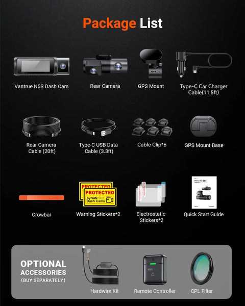Package contents showing dash cam, rear camera, cables, mounts, stickers, and accessories for 4 Channel 360 Degree Dash Cam