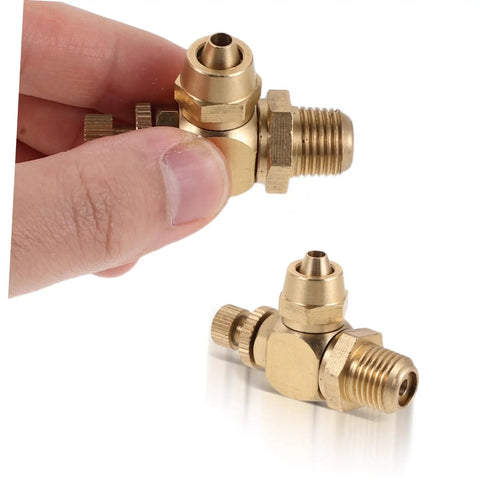 Air Regulator Valve For Precise Flow Control Up To 8mm Push In Tube Fitting Brass With One Quarter Inch Npt Male Thread Ideal For Automotive Door Pump And Pneumatic Systems. Brass air regulator valve with 1/4 inch NPT male thread and 8mm push-in tube fitting, shown in hand.