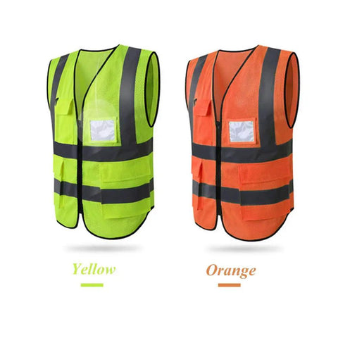 Go To High Visibility Mesh Safety Vest With Pockets And Zipper, ANSI ISEA Approved, unisex breathable polyester vest in yellow and orange with reflective strips.