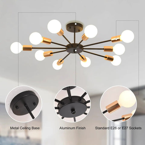 Dope Sputnik Ceiling Light Semi Flush Mount 10 Light E26 Base Modern Black And Gold Chandelier with metal base and aluminum finish