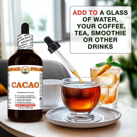 Hawaiian Raw Cacao Bean Tincture Liquid Extract Made In Hawaii All Natural Vegan Antioxidant Rich Superfood Pure Theobroma Cacao bottle with dropper adding to tea