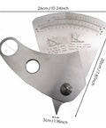 Close-up of stainless steel weld gauge showing inch scale for fabrication and weld setup, with rust-resistant finish and measurements.