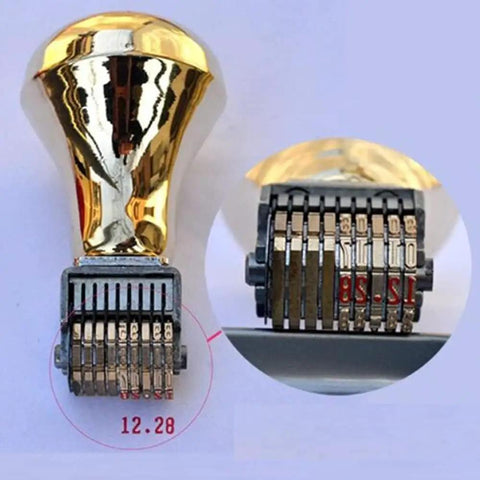 Slick Retro Roller Date Stamp Copper Calendar Marker with brass body, showing ten wheels for numbering on product packaging.