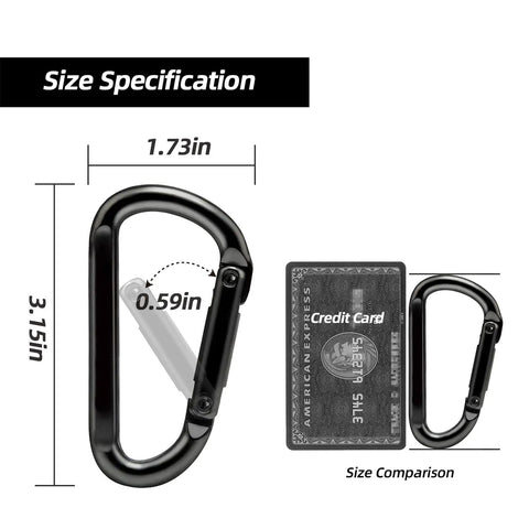 Heavy Duty Carabiner Clip 860 Lbs Capacity 3 Inch D Shape Hook For Hammocks Camping Hiking Keychains Dog Leash Yoga Swing Gym Gear Black One Hand Open Design shown with size comparison to credit card