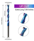 Extra Long Up Cut CNC Spiral Router Bits Set, One Quarter Inch Shank, Two Inch Cutting Length, shown with nano blue coating