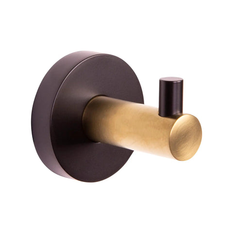 Close-up of Kelton 4 Piece Matte Black And Satin Gold Bath Accessory Set - Robe Hook in durable zinc brass hardware, modern design
