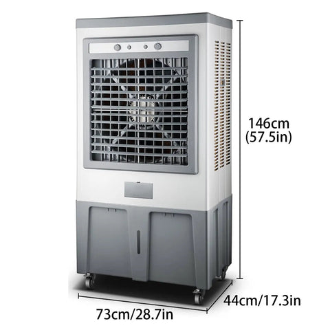 Heavy Duty Evaporative Air Cooler With Three Speed Settings And Six Included Ice Packs For Smooth Swamp Cooling That Kicks Summer Heat To The Curb in gray metal, dimensions 146cm x 73cm x 44cm.