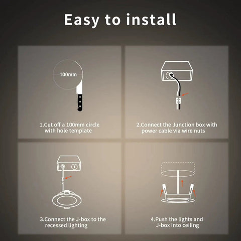 Installation guide for 4 Pack 4 Inch RGB LED Recessed Downlights With J Box 10W 800LM, showing step-by-step setup process.