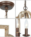 Handmade Wood Farmhouse Orb Chandelier With Four Lights, openwork quatrefoil frame, distressed brown and bronze rust details