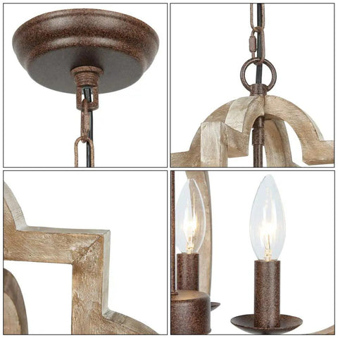 Handmade Wood Farmhouse Orb Chandelier With Four Lights, openwork quatrefoil frame, distressed brown and bronze rust details