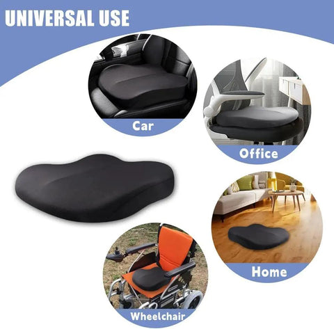 Super Comfortable Mini John Cooper Works Electric 2025 Memory Foam Car Seat Cushion For Tailbone Pain Relief Pressure Reducing Auto Pad shown in car, office, wheelchair, and home settings.