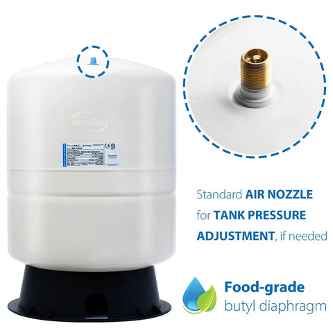 11 Gallon Pre Pressurized Water Storage Tank For Reverse Osmosis Systems, White, Holds Up To 8.2 Gallons visible with air nozzle