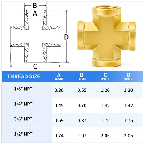 Diagram and image of Brass Four Way NPT Female Cross Fitting With Four One Quarter Inch Ports Built To Last Heavy Duty Pipe Adapter For Plumbing.