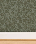 Real Dope Cottage Botanical Wallpaper With Matte Linen Texture And Pvc Free Mix Built For Sturdy Residential Or Commercial Walls That Add A Chill Fresh Vibe To Your Place close-up view of floral pattern on textured green wallpaper.