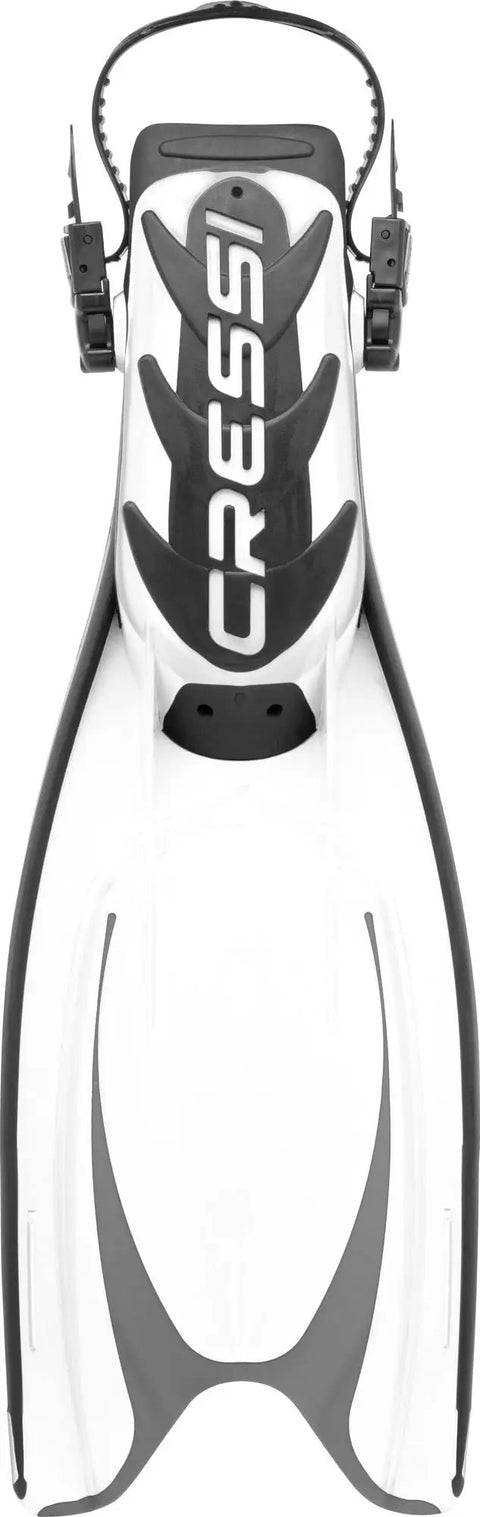 Top view of Frog Plus Open Heel Scuba Fin Beefy Dual Density Blade With Three Material Injection Mold Tech, Black White, Size S M.