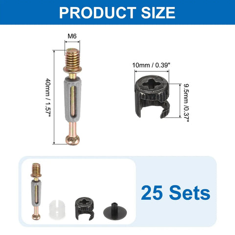 Heavy Duty Cam Lock Furniture Connectors Kit With M6 X 40mm Zinc Dowel Bolts and Snug Caps product size chart with dimensions.