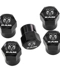 Five Dodge Ram dope black tire valve stem caps with Ram logo, durable premium valve caps set of five, for cars, trucks, SUVs, motorcycles, bicycles.