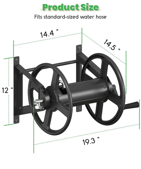 Dimensions of heavy duty wall mounted garden hose reel with one hundred twenty five feet of five eighths inch capacity, black.