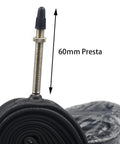 Close-up of rolled Road Bike Inner Tubes 700c 28 to 32c with 60mm Presta Valve, made of premium butyl rubber.