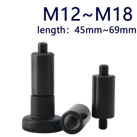 Rugged Professional Spring Index Plungers Built Like A Tank With Rock Solid Carbon Steel Shaft And Smooth Reset Action For Dependable Lock Bolts And Heavy Duty Hardware Fixes, showing M12 to M18 sizes, black finish.