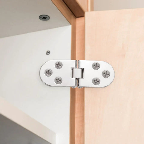 Heavy Duty Folding Table Hinges 4 Pack Stainless Steel Round Edge Brackets Easy Install Hardware For Furniture Build Solid Pivot Zero Drama Assembly Silver Finish Top Shelf Hardware Pick For Weekend Builders showing a close-up of a stainless steel hinge installed on a cabinet.