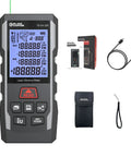 230 Foot Laser Distance Meter With Bright Green Beam And Smart Angle Tracking For No Sweat Indoor Outdoor Renovations Reliable Layout Tools And Quick Estimates That Deliver Badass Accuracy When You Need It Most with user manual, charging cable, and carrying case.
