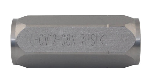 Inline hydraulic check valve, side view, 1/2 in NPTF, single-way, high-pressure with flow arrow