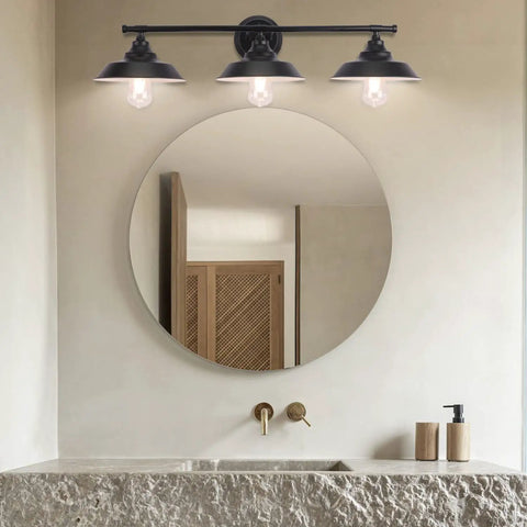 Three Light Bathroom Vanity Light With Industrial Vintage Farmhouse Rustic Style Black Matte Finish Wall Sconce Fixture For Bathrooms And Powder Rooms That Slaps above a round mirror