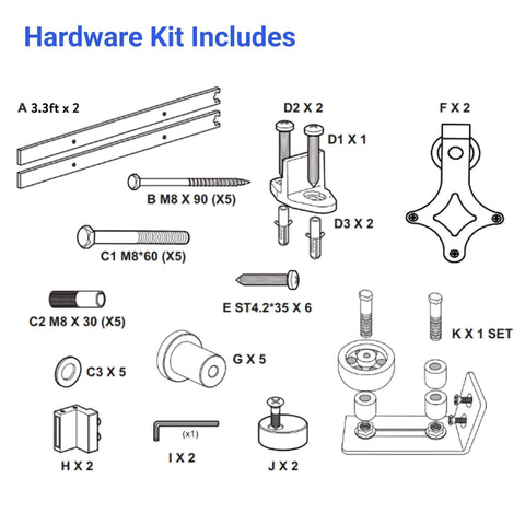 Hardware components for Heavy Duty Barn Door Hardware Kit for Sliding Doors, Single Or Double Barn Door Assembly With Track Rails And Rollers.