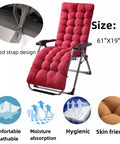 Patio Chaise Lounger Cushion For Indoor Outdoor Use With 6 Ties Comfy Thick Padded Swing Bench Cushion In Navy Blue 61 By 18.9 By 3.1 Inches Breathable Soft Polyester Fade Resistant And Easy To Fluff shown on reclining chair in red
